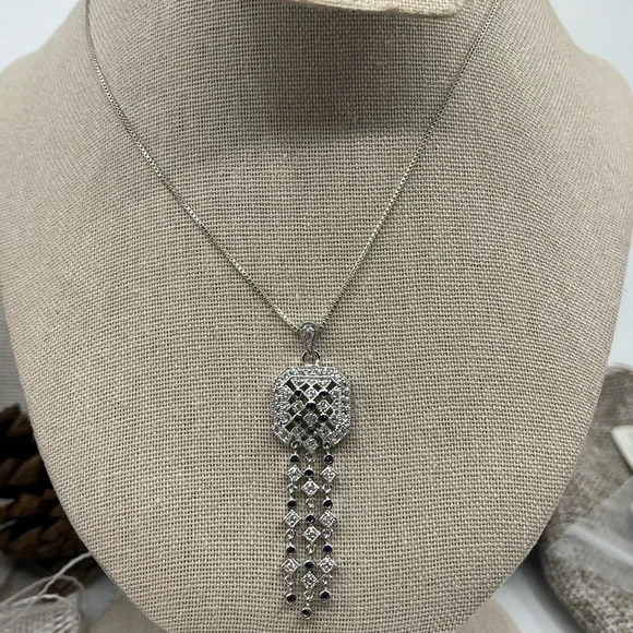 Technibond Platinum Sterling Silver & Blue Sapphire CZ Pendant Necklace - Picture 10 of 17